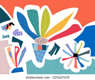 Creative universal floral header in tropical style. Modern graphic design. Hand Drawn textures. Ideal for web, card, poster, cover, invitation, brochure. Vector.