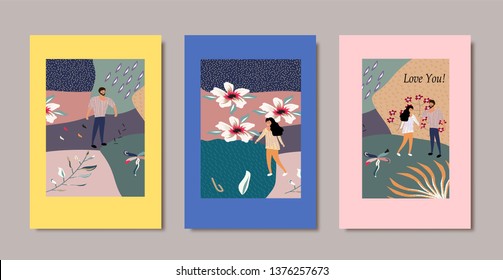 Creative universal floral header in tropical style with people. Modern graphic design. Hand Drawn textures. Ideal for web, card, poster, cover, invitation, brochure. Vector.