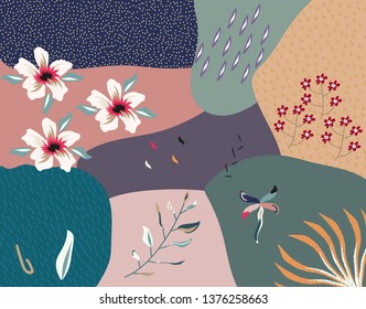 Creative universal floral header in tropical style. Modern graphic design. Hand Drawn textures. Ideal for web, card, poster, cover, invitation, brochure. Vector.