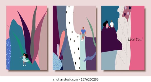 Creative universal floral header in tropical style with people. Modern graphic design. Hand Drawn textures. Ideal for web, card, poster, cover, invitation, brochure. Vector.