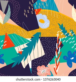 Creative universal floral header in tropical style. Modern graphic design. Hand Drawn textures. Ideal for web, card, poster, cover, invitation, brochure. Vector.
