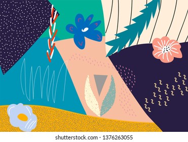 Creative universal floral header in tropical style. Modern graphic design. Hand Drawn textures. Ideal for web, card, poster, cover, invitation, brochure. Vector.