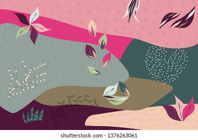 Creative universal floral header in tropical style. Modern graphic design. Hand Drawn textures. Ideal for web, card, poster, cover, invitation, brochure. Vector.