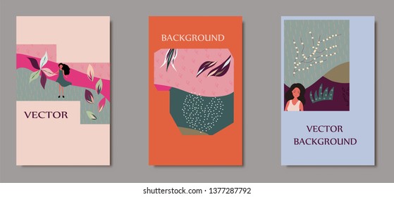 Creative universal floral header in tropical style with people. Modern graphic design. Hand Drawn textures. Ideal for web, card, poster, cover, invitation, brochure. Vector.