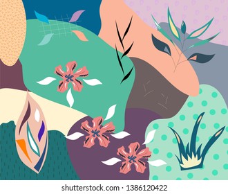 Creative universal floral header in tropical style. Modern graphic design. Hand Drawn textures. Ideal for web, card, poster, cover, invitation, brochure. Vector.