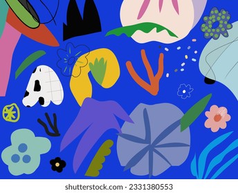 Creative universal floral header in tropical style. Modern graphic design. Hand Drawn textures. Ideal for web, card, poster, cover, invitation, brochure. Vector. Isolated.