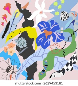 Creative universal floral header in tropical style. Modern graphic design. Hand Drawn textures. Ideal for web, card, poster, cover, invitation, brochure. Vector illustration