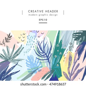 Creative universal floral header in tropical style. Hand Drawn textures. Vector. Isolated.