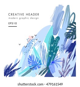 Encabezado floral universal creativo de estilo tropical. Diseño gráfico moderno. Texturas dibujadas a mano. Ideal para web, tarjeta, afiche, portada, invitación, folleto. Vector. Aislado.