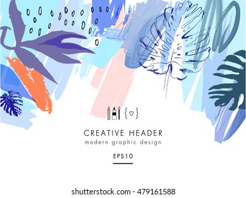 Creative universal floral header in tropical style. Modern graphic design. Hand Drawn textures. Ideal for web, card, poster, cover, invitation, brochure. Vector. Isolated.