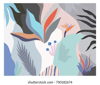 Encabezado floral universal creativo de estilo tropical. Diseño gráfico moderno. Texturas dibujadas a mano. Ideal para web, tarjeta, afiche, portada, invitación, folleto. Vector. Aislado.
