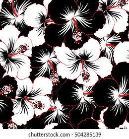 Creative universal floral pattern in black and white colors. Hand Drawn tropical style texture. Ideal for web, card, poster, fabric or textile. Vector seamless pattern of hibiscus flowers.
