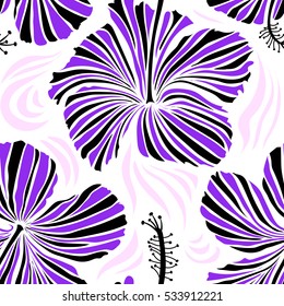 Creative universal floral pattern in black and violet colors. Vector seamless pattern of hibiscus flowers on a white. Hand Drawn tropical style texture. Ideal for web, card, poster, fabric or textile.