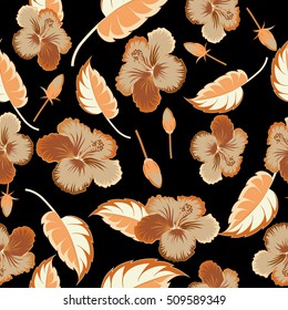 Creative universal floral pattern in brown colors. Hand Drawn tropical style texture. Ideal for web, card, poster, fabric or textile. Vector seamless pattern of hibiscus flowers on a black.