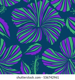 Creative universal floral pattern in green, violet and blue colors. Ideal for web, card, poster, fabric or textile. Vector seamless pattern of hibiscus flowers. Hand Drawn tropical style texture.