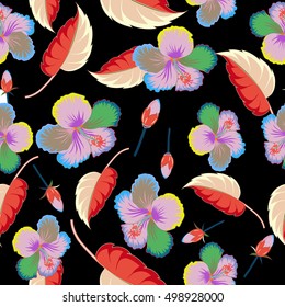 Creative universal floral pattern in multicolor tropical style. Hand Drawn textures. Ideal for web, card, poster, fabric or textile. Vector seamless pattern of hibiscus flowers on black background.