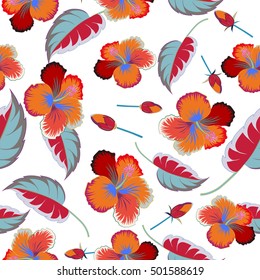 Creative universal floral pattern in multicolor tropical style. Hand Drawn textures. Ideal for web, card, poster, fabric or textile. Vector seamless pattern of hibiscus flowers on white background.