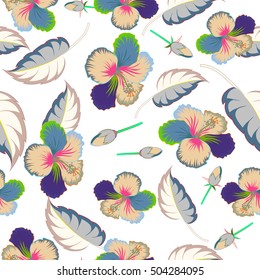 Creative universal floral pattern in multicolor tropical style. Hand Drawn textures. Ideal for web, card, poster, fabric or textile. Vector seamless pattern of hibiscus flowers on white background.