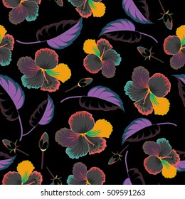 Creative universal floral pattern in multicolor tropical style. Hand Drawn textures. Ideal for web, card, poster, fabric or textile. Vector seamless pattern of hibiscus flowers on black background.