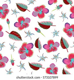 Creative universal floral pattern in multicolor tropical style. Vector seamless pattern of hibiscus flowers on white background. Hand Drawn textures. Ideal for web, card, poster, fabric or textile.