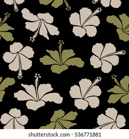 Creative universal floral pattern in neutral colors. Hand Drawn tropical style texture. Ideal for web, card, poster, fabric or textile. Vector seamless pattern of hibiscus flowers on a black.