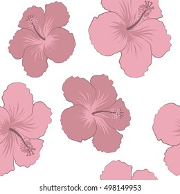 Creative universal floral pattern in pink colors. Hand Drawn tropical style texture. Ideal for web, card, poster, fabric or textile. Vector seamless pattern of hibiscus flowers on a white.