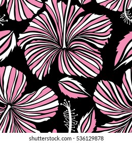 Creative universal floral pattern in pink and white colors. Hand Drawn tropical style texture. Ideal for web, card, poster, fabric or textile. Vector seamless pattern of hibiscus flowers on a black.