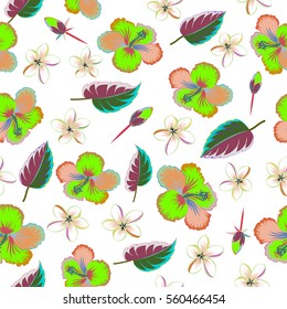 Creative universal floral pattern in pink, green, blue colors. Hand drawn tropical style texture. Ideal for web, card, poster, fabric or textile. Vector seamless pattern of hibiscus flowers on a white
