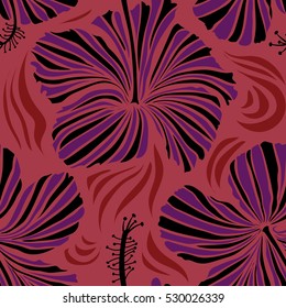 Creative universal floral pattern in purple and red colors. Vector seamless pattern of hibiscus flowers. Hand Drawn tropical style texture. Ideal for web, card, poster, fabric or textile.
