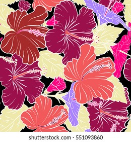 Creative universal floral pattern in purple, violet and red colors. Vector seamless pattern of hibiscus flowers on a black. Hand drawn tropical pattern. Ideal for web, card, poster, fabric or textile.