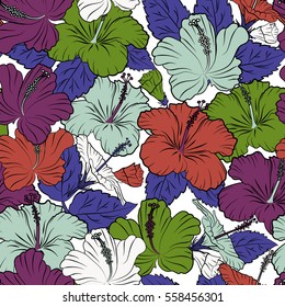 Creative universal floral pattern in purple and violet colors. Vector seamless pattern of hibiscus flowers on a white. Hand Drawn tropical style texture. Ideal for web, card, poster, fabric or textile