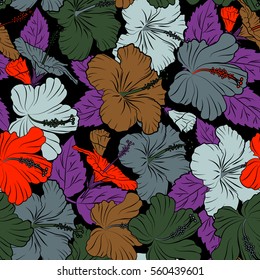 Creative universal floral pattern in purple and red colors. Hand Drawn tropical style texture. Ideal for web, card, poster, fabric or textile. Vector seamless pattern of hibiscus flowers on a black.