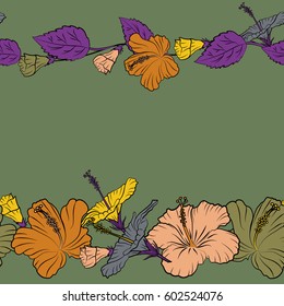 Creative universal floral pattern in purple, orange and yellow colors. Hand drawn tropical texture. Ideal for poster, fabric or textile. Vector seamless pattern of hibiscus flowers with copy space.
