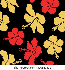Creative universal floral pattern in red and yellow colors. Hand Drawn tropical style texture. Ideal for web, card, poster, fabric or textile. Vector seamless pattern of hibiscus flowers on a black.
