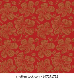 Creative universal floral pattern in red and brown colors. Hand Drawn tropical style texture. Ideal for web, card, poster, fabric or textile. Vector seamless pattern of hibiscus flowers.