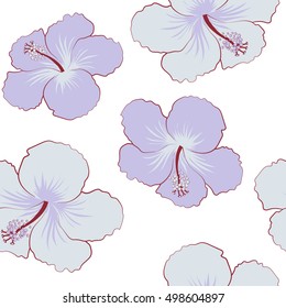 Creative universal floral pattern in tropical style. Hand Drawn textures. Ideal for web, card, poster, fabric or textile. Vector seamless pattern of neutral and violet hibiscus flowers on a white.
