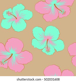 Creative universal floral pattern in tropical style. Hand Drawn textures. Ideal for web, card, poster, fabric or textile. Vector seamless pattern of hibiscus flowers on neutral background.