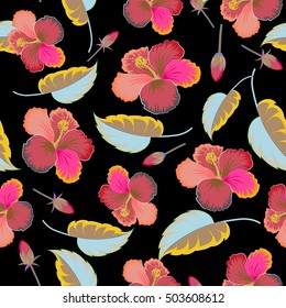 Creative universal floral pattern in tropical style. Hand Drawn textures. Ideal for web, card, poster, fabric or textile. Vector seamless pattern of hibiscus flowers on black background.