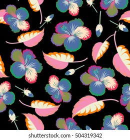 Creative universal floral pattern in tropical style. Hand Drawn textures. Ideal for web, card, poster, fabric or textile. Vector seamless pattern of hibiscus flowers on black background.