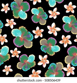 Creative universal floral pattern in tropical style. Hand Drawn textures. Ideal for web, card, poster, fabric or textile. Vector seamless pattern of hibiscus and plumeria flowers on black background.