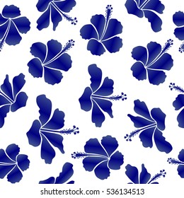 Creative universal floral pattern in violet and blue colors. Vector seamless pattern of hibiscus flowers on a white. Hand Drawn tropical style texture. Ideal for web, card, poster, fabric or textile.