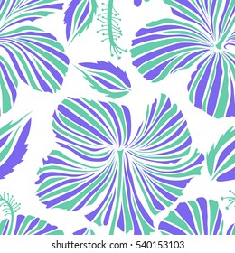 Creative universal floral pattern in violet and white colors. Ideal for web, card, poster, fabric or textile. Vector seamless pattern of hibiscus flowers on a white. Hand Drawn tropical style texture.