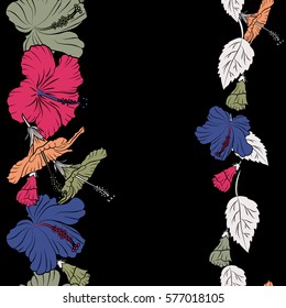 Creative universal floral pattern in violet and pink colors. Vector seamless pattern of hibiscus flowers with copy space. Vertical hand drawn tropical texture. Ideal for card, poster, fabric, textile.