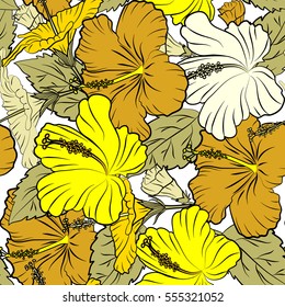 Creative universal floral pattern in yellow and beige colors. Ideal for web, card, poster, fabric or textile. Vector seamless pattern of hibiscus flowers on a white. Hand Drawn tropical style texture.