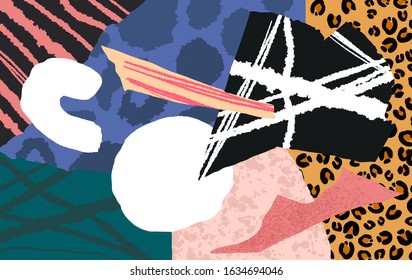 Creative universal hand drawn abstrac pattern with paper cut pieces. Modern graphic design. Hand Drawn craft textures. Use for web, card, poster, packaging, clothes, gift paper, cover, invitation