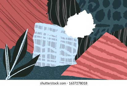 Creative universal hand drawn abstrac pattern with paper cut pieces. Modern graphic design. Hand Drawn craft textures. Use for web, card, poster, packaging, clothes, gift paper, cover, invitation