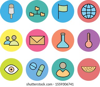 creative universal icon set of 12. Ice cream, world globe, men avatar, test tube, flag.
 