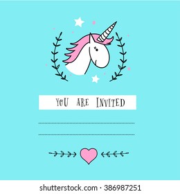 Creative universal unicorn card, vector illustration. You are invited.
