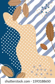 Creative universal wavy pattern with floral and geometric elements in pastel colors on a striped background. Trendy graphic design for banner, poster, card, cover, invitation, brochure. Template for f