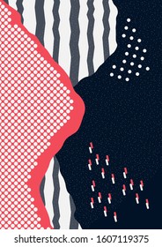 Creative universal wavy pattern with geometric elements and stripes. Trendy graphic template for banner, poster, card, cover, invitation, brochure. Drawing for fabric design. Vector.